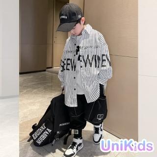 【UniKids】中大童裝長袖襯衫 字母豎條紋上衣 男大童裝 CV2418(條紋襯衫)