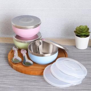 【寶石牌】316不銹鋼隔熱碗3入組塑膠蓋+不鏽鋼蓋粉體烤漆三色各一附兒童湯匙(幼稚園碗兒童碗)