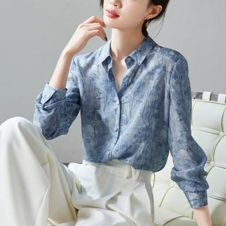 【MsMore】襯衫長袖洋氣女人味韓版寬鬆藍色印花短版上衣#124504(藍)