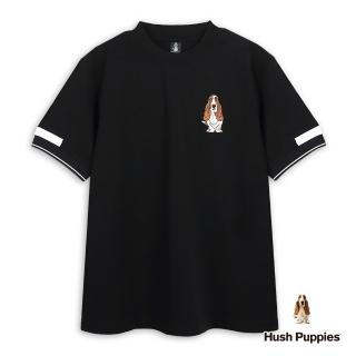 【Hush Puppies】男裝 上衣 簡約袖配色運動風刺繡狗上衣(黑色 / 53110106)