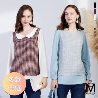 【MYVEGA 麥雪爾】MA小香風異材質拼接雪紡袖上衣-多款任選(小香風/雪紡上衣/長袖上衣)