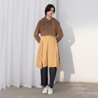 【MASTINA】搖粒絨拼接連帽壓褶長袖洋裝(藍 咖)