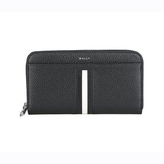 【BALLY】BALLY Ribbon經典燙印LOGO小牛皮黑白直條紋12卡拉鍊長夾(男款/黑)