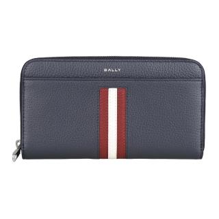 【BALLY】BALLY Ribbon經典銀字LOGO小牛皮紅白紅條紋12卡ㄇ字拉鍊長夾(男款/午夜藍)