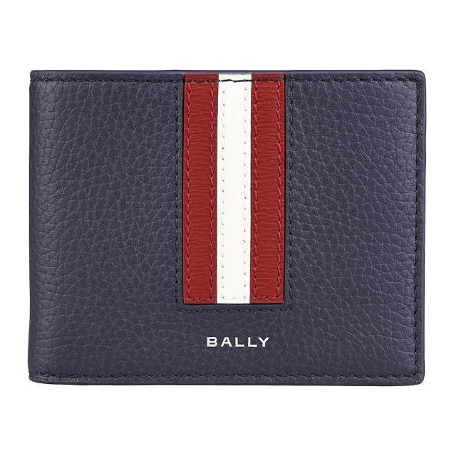 【BALLY】BALLY Ribbon銀字LOGO小牛皮紅白條紋6卡對折短夾(男款/深藍)