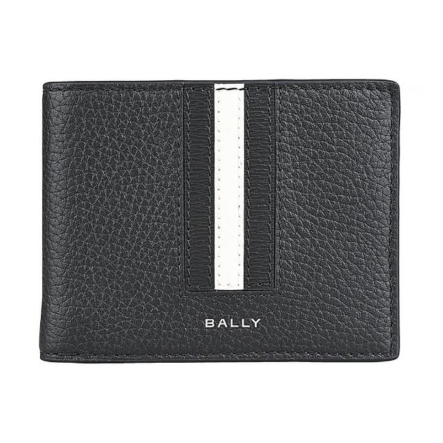 【BALLY】BALLY Ribbon銀箔字LOGO小牛皮黑白黑條紋6卡對折短夾(男款/黑)