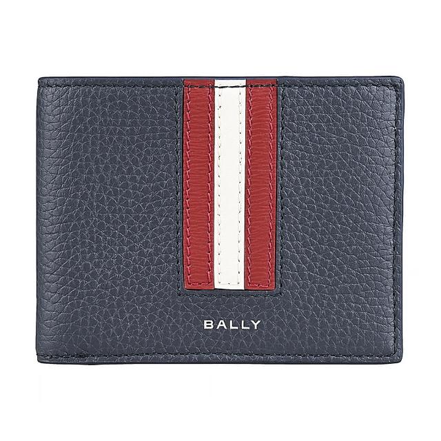 【BALLY】BALLY Ribbon銀字LOGO小牛皮紅白紅條紋6卡對折短夾(男款/午夜藍)