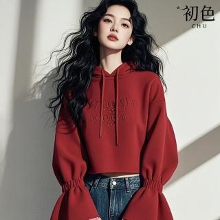 【初色】韓系純色字母蕾絲拼接長袖連帽帽T上衣女上衣-紅色-10336(M-2XL可選)