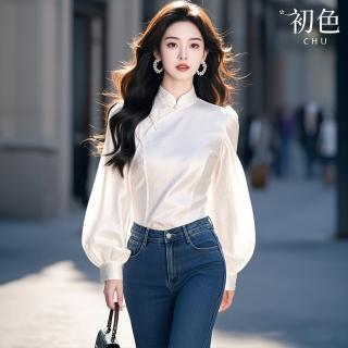 【初色】新中式國風修身純色立領長袖襯衫上衣女上衣-白色-10272(M-3XL可選)