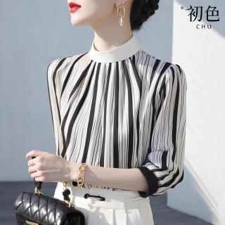 【初色】輕熟風撞色條紋休閒顯瘦百搭立領長袖襯衫上衣女上衣-10371(M-XL可選)