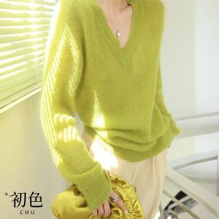 【初色】韓系慵懶風寬鬆V領長袖針織毛衣上衣女上衣-綠色-10296(F可選)