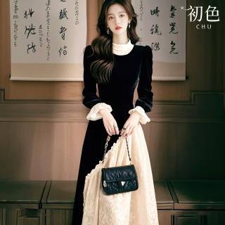 【初色】法式絲絨蕾絲拼接長袖中長裙連衣裙連身洋裝-黑色-10237(M-XL可選)