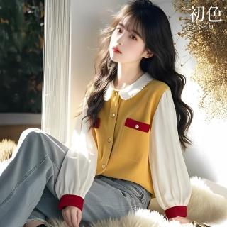 【初色】日系風撞色拼接燈籠袖娃娃領長袖襯衫上衣女上衣-黃色-10258(M-XL可選)