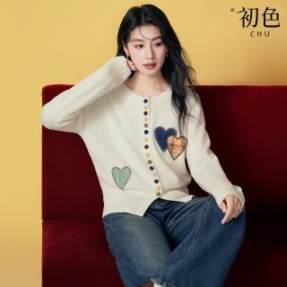 【初色】甜美風愛心刺繡單排彩釦圓領長袖毛衣針織衫外套上衣女上衣-共4色-10282(F可選)