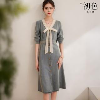 【初色】甜美風蕾絲花邊蝴蝶結壓褶收腰單排釦長袖牛仔裙連衣裙連身洋裝-淺藍色-10362(M-XL可選)