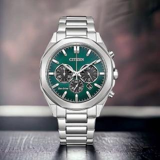 【CITIZEN 星辰】光動能紳士風三眼計時手錶 綠 41mm(CA4590-81X)