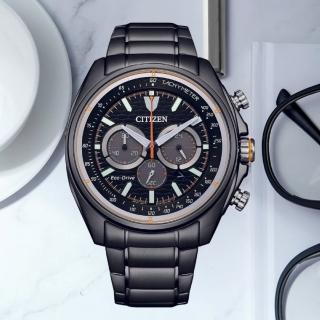 【CITIZEN 星辰】幾何飾錶盤設計光動能三眼計時男錶 黑 44mm(CA4567-82H)