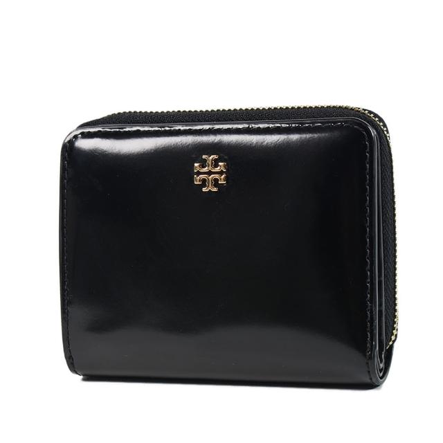 【TORY BURCH】金字LOGO亮面釦式對開短夾-黑色