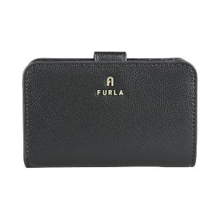 【FURLA 芙拉】FURLA Camelia雷雕金字LOGO牛皮10卡按釦式拉鍊零錢中夾(黑)