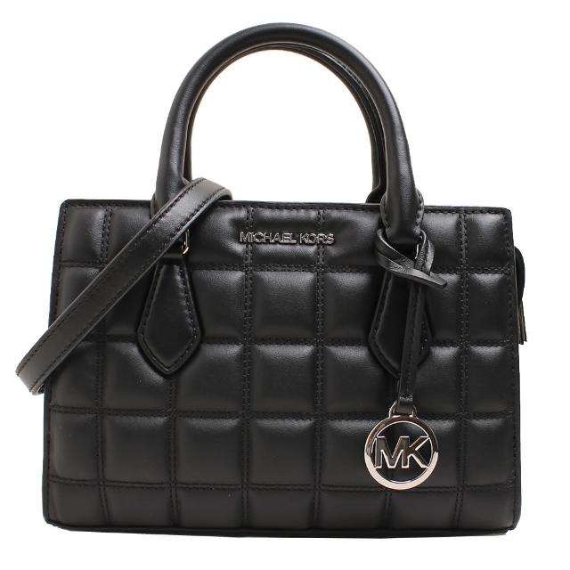 【Michael Kors】MK SHEILA絎縫格子皮革小款三層手提/斜背兩用包(經典黑)