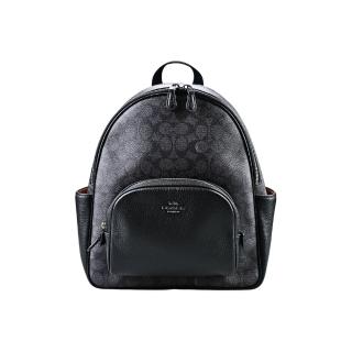 【COACH】C LOGO PVC拼接荔枝紋拉鍊雙層多口袋後揹包(黑灰C黑邊)
