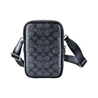 【COACH】LOGO PVC拼接皮革A6方型斜揹包/手機包(黑灰C黑邊/小款)