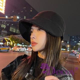 【Decoy】秋冬保暖 時尚加絨羊羔毛顯臉小鴨舌帽(黑色)