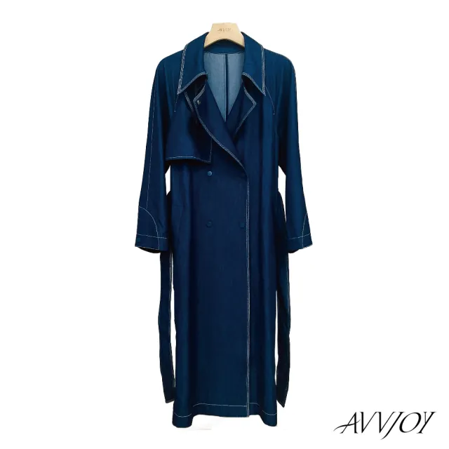 【AVVJOY 艾薇卓爾】絲光藍長版風衣(上衣 外套 大衣 牛仔 風衣 韓版風 牛仔外套 長款風衣 CLA0304DS)