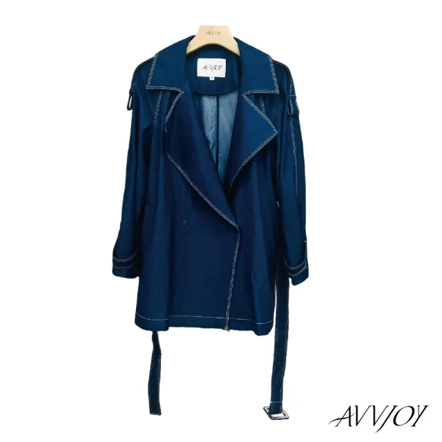 【AVVJOY 艾薇卓爾】絲光藍短版風衣(上衣 外套 大衣 牛仔 風衣 韓版風 牛仔外套 長款風衣 CLA0305OW)