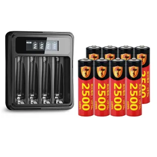 【KOTSURU】8馬赫 3號/AA 恆壓可充式1.5V鋰電池全新特大能量2500mWh8入+3號/4號通用 液晶鋰充電器