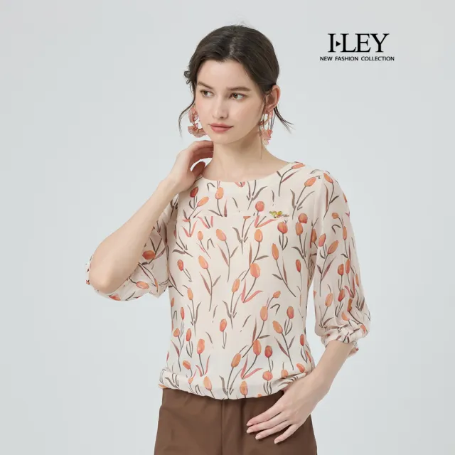 【ILEY 伊蕾】花卉印花雪紡上衣(杏;M-2L;1251181404)
