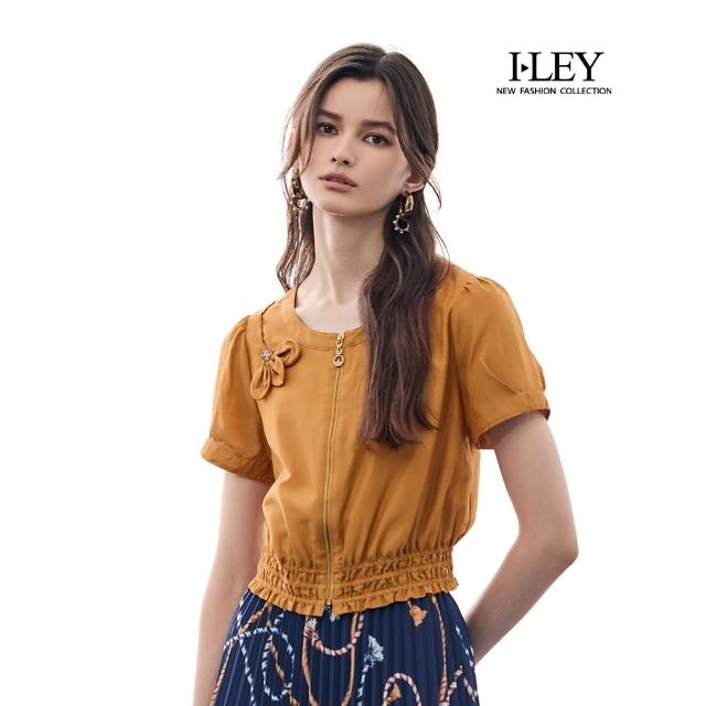 【ILEY 伊蕾】立體花朵拉鍊蠶絲短袖外套(卡其；M-XL；1252014023)