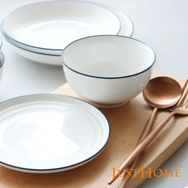 【Just Home】簡約純白藍邊陶瓷碗盤餐具組15件-可微波(碗+盤+點心盤+味碟)