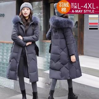 【艾美時尚】中大尺碼女裝 羽絨外套 韓系保暖羽絨棉顯瘦長版毛領連帽外套。L-4XL(6色.現貨+預購)