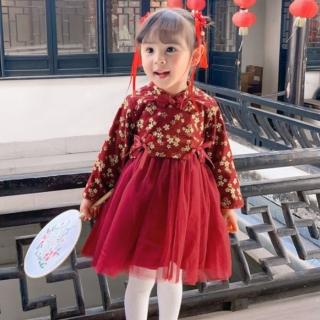 【橘魔法】日式金梅花盤扣旗袍棉絨紗裙洋裝(連衣裙 過年 喜宴 新衣 喜酒 女童 拜年服 新年裝 童裝 保暖)