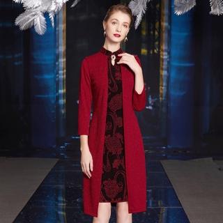 【女神婚紗禮服】復古國風貼花假兩件式媽媽宴會及膝短裙旗袍禮服GLL537B#紅色(喜慶宴會媽媽旗袍 拉鍊款)