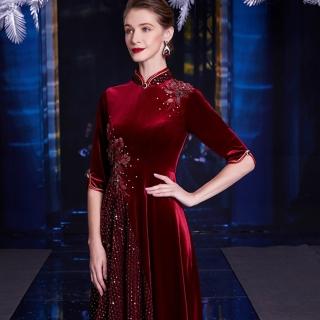 【女神婚紗禮服】復古絨布拼接釘珠貼花媽媽宴會及膝短裙旗袍禮服GLL560#紅色(優雅媽媽宴客長裙 拉鍊款)