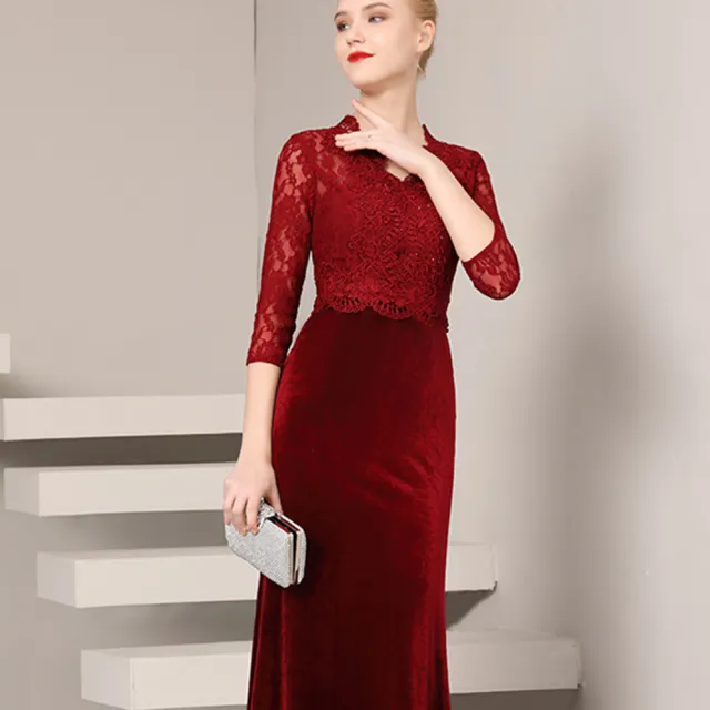 【女神婚紗禮服】優雅蕾絲拼接絨布V領七分袖修身墜地魚尾長裙晚禮服GLW1712#酒紅色(優雅媽媽宴客 拉鍊款)