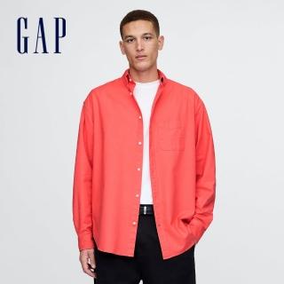 【GAP】男裝 翻領長袖襯衫-珊瑚紅(543232)