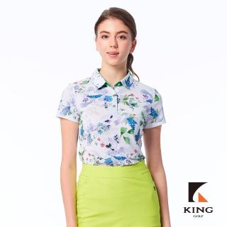 【KING GOLF】速達-網路獨賣款-女款花卉水彩感印花紅鶴貼鑽透氣涼感開襟短袖POLO衫/高爾夫球衫(綠色)