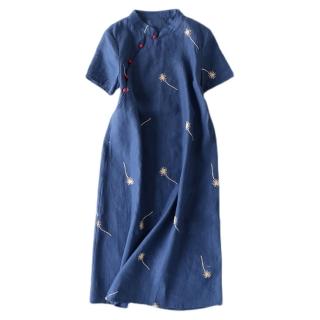 【綻放】亞麻風刺繡蒲公英繡花立領短袖改良式旗袍連身洋裝-藏青色-32639(M-2XL可選)