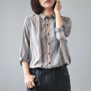 【綻放】日系棉麻風復古直條紋長袖襯衫上衣女上衣-藍色-32645(M-2XL可選)