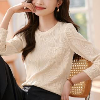 【綻放】寬鬆圓領提花波浪長袖T恤上衣女上衣-米白色-32688(M-2XL可選)