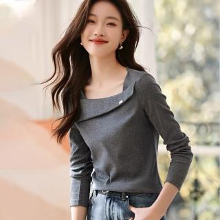 【綻放】翻摺大方領薄款長袖T恤上衣女上衣-灰色-32695(M-2XL可選)