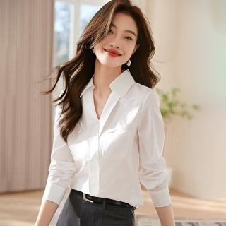 【綻放】純色翻領不對稱長袖襯衫上衣女上衣-白色-32704(M-2XL可選)