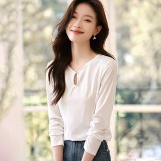 【綻放】純色打底簍空小V領長袖T恤上衣女上衣-米白色-32705(M-2XL可選)