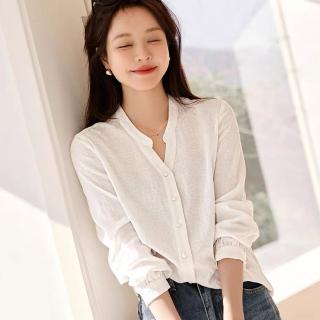 【綻放】小V領純色提花鏤空長袖襯衫上衣女上衣-共2色-32703(M-2XL可選)