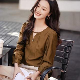 【綻放】圓領鏤空亮片壓褶長袖襯衫T恤上衣女上衣-棕色-32757(M-2XL可選)