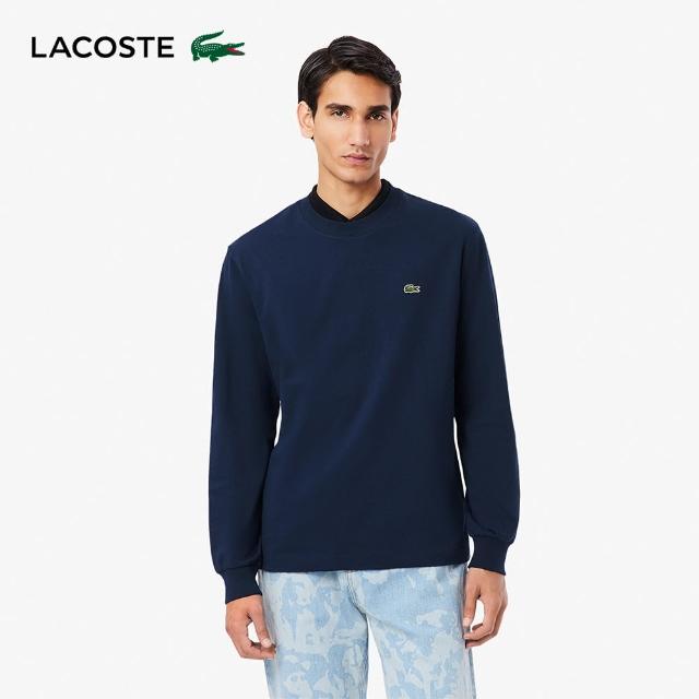 【LACOSTE】男裝-素色棉質長袖T恤(海軍藍)