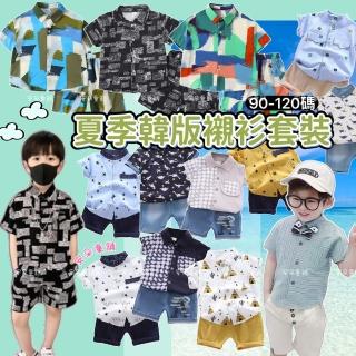 【安朵童舖】現貨韓版兒童短袖襯衫套裝男童兩件套棉麻印花韓版T恤仿牛仔POLO男童套裝短袖上衣加短褲(030)